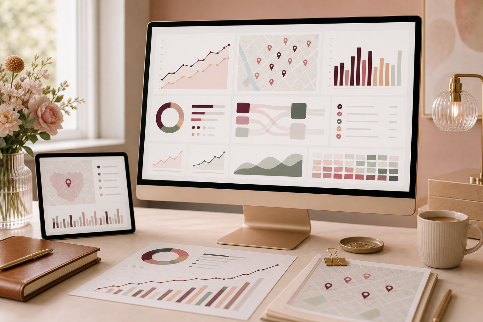 Boutique SEO reporting dashboard with abstract ranking, map and enquiry charts